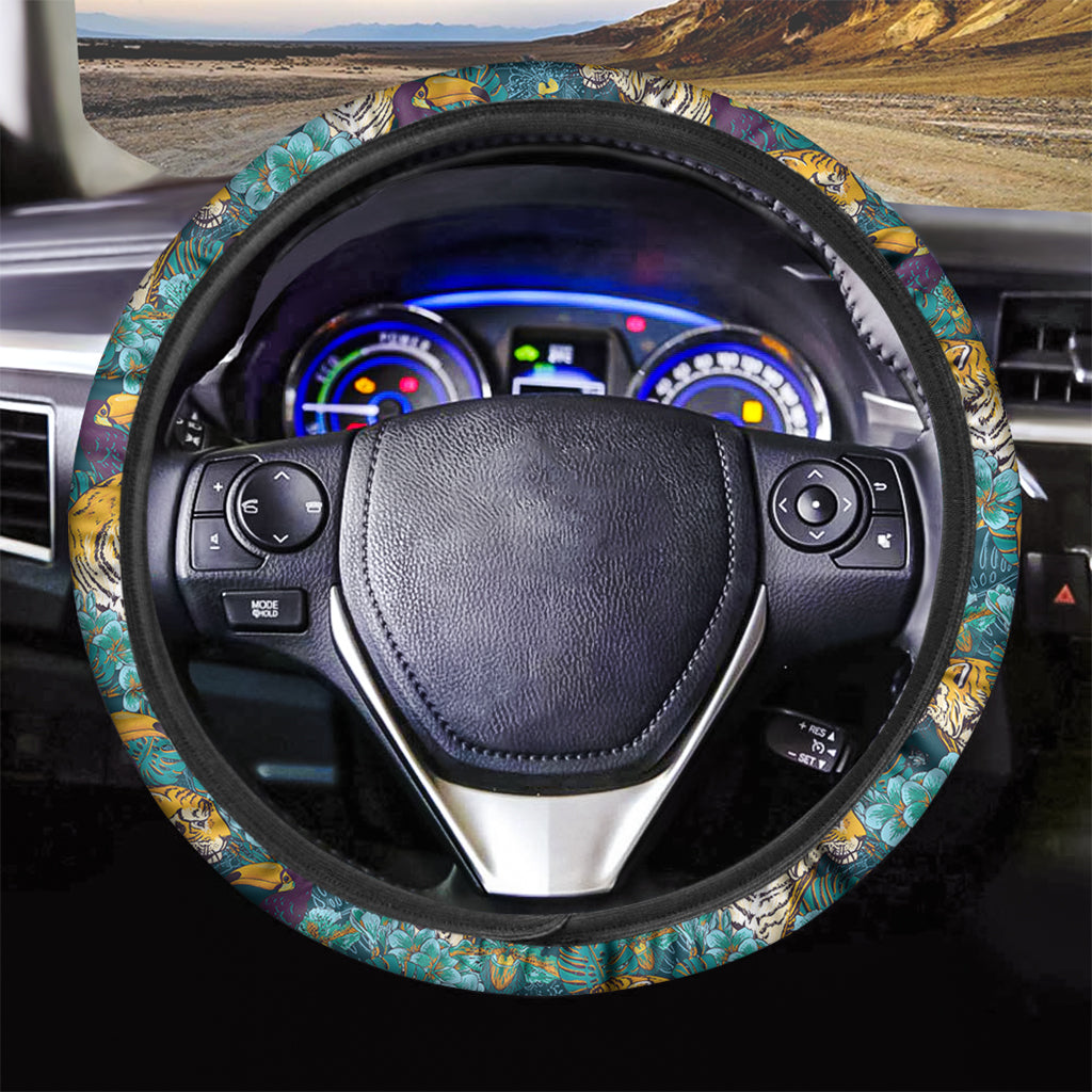 Tiger And Toucan Pattern Print Car Steering Wheel Cover