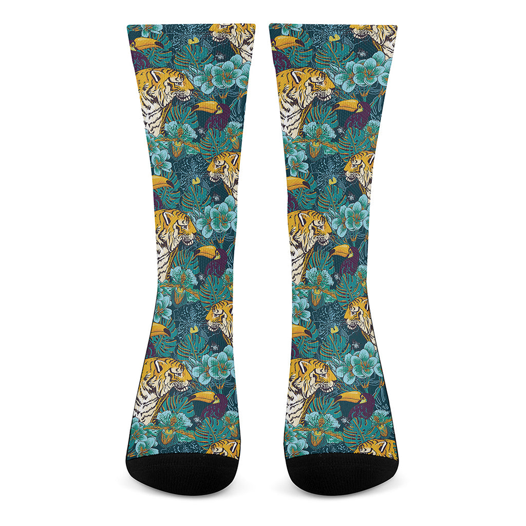 Tiger And Toucan Pattern Print Crew Socks