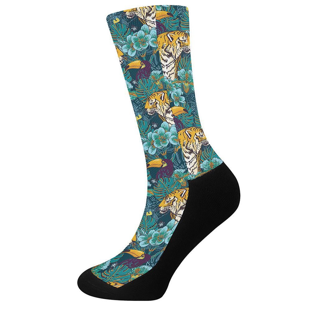 Tiger And Toucan Pattern Print Crew Socks