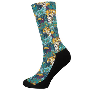 Tiger And Toucan Pattern Print Crew Socks