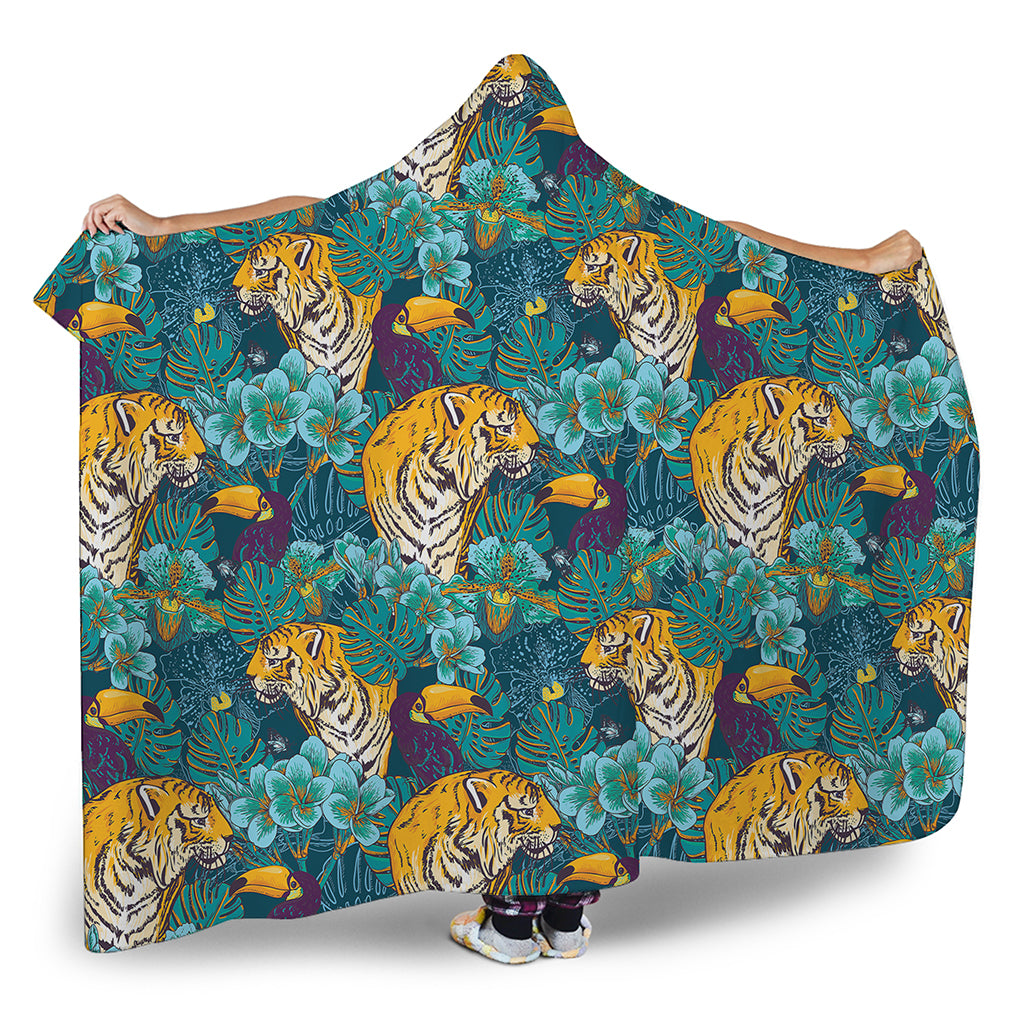 Tiger And Toucan Pattern Print Hooded Blanket