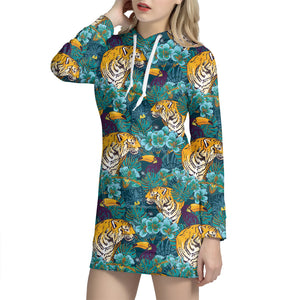 Tiger And Toucan Pattern Print Hoodie Dress