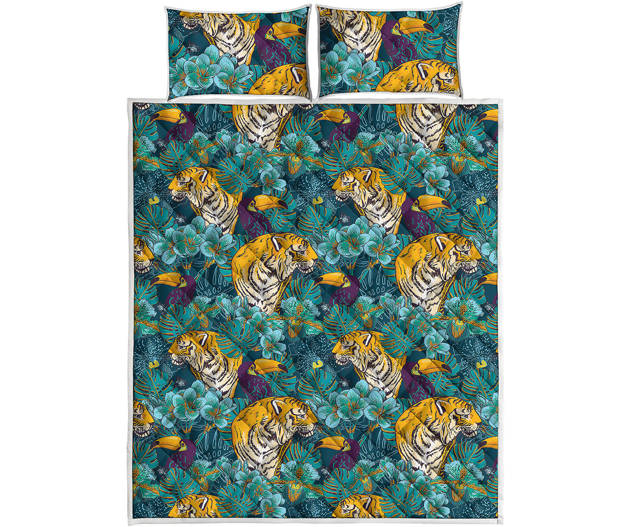 Tiger And Toucan Pattern Print Quilt Bed Set
