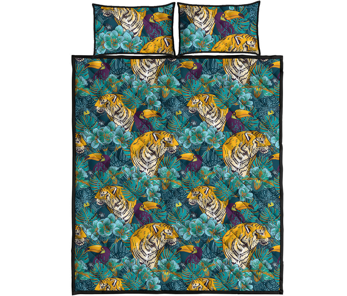 Tiger And Toucan Pattern Print Quilt Bed Set