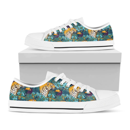 Tiger And Toucan Pattern Print White Low Top Shoes