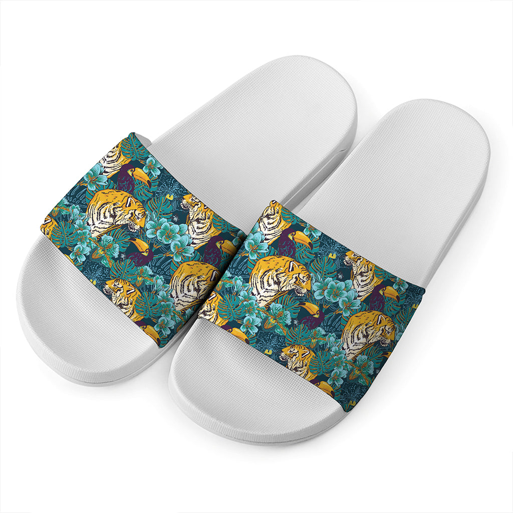 Tiger And Toucan Pattern Print White Slide Sandals