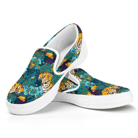 Tiger And Toucan Pattern Print White Slip On Shoes