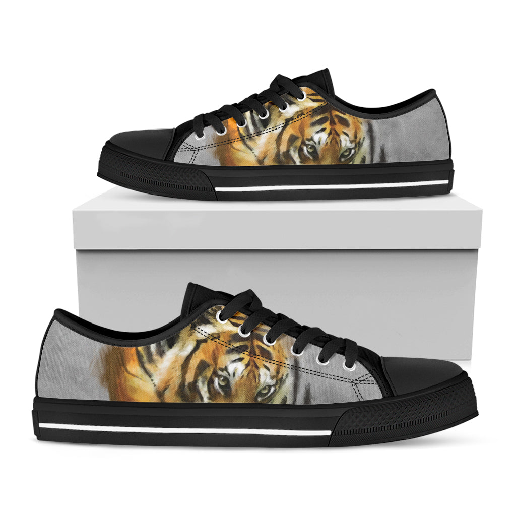 Tiger Painting Print Black Low Top Shoes 