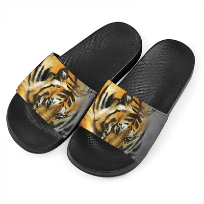 Tiger Painting Print Black Slide Sandals