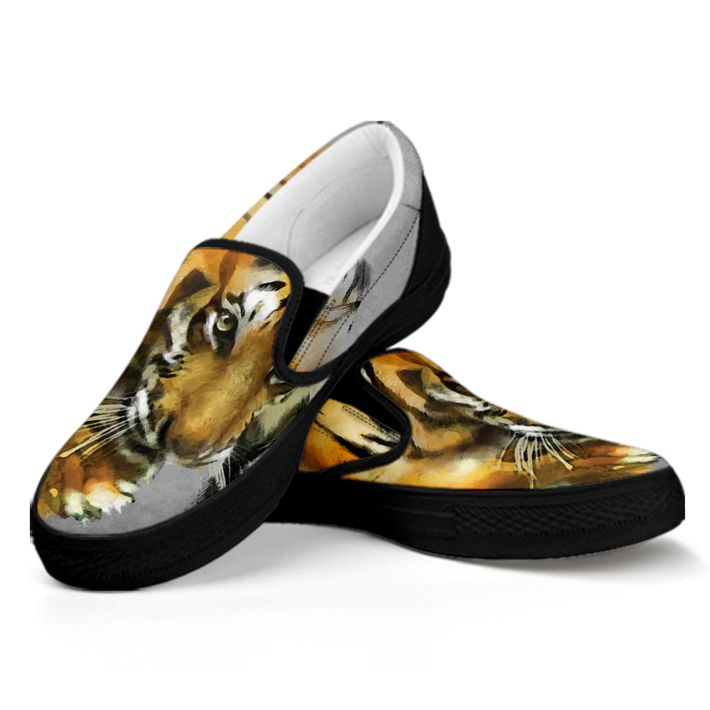 Tiger Painting Print Black Slip On Shoes