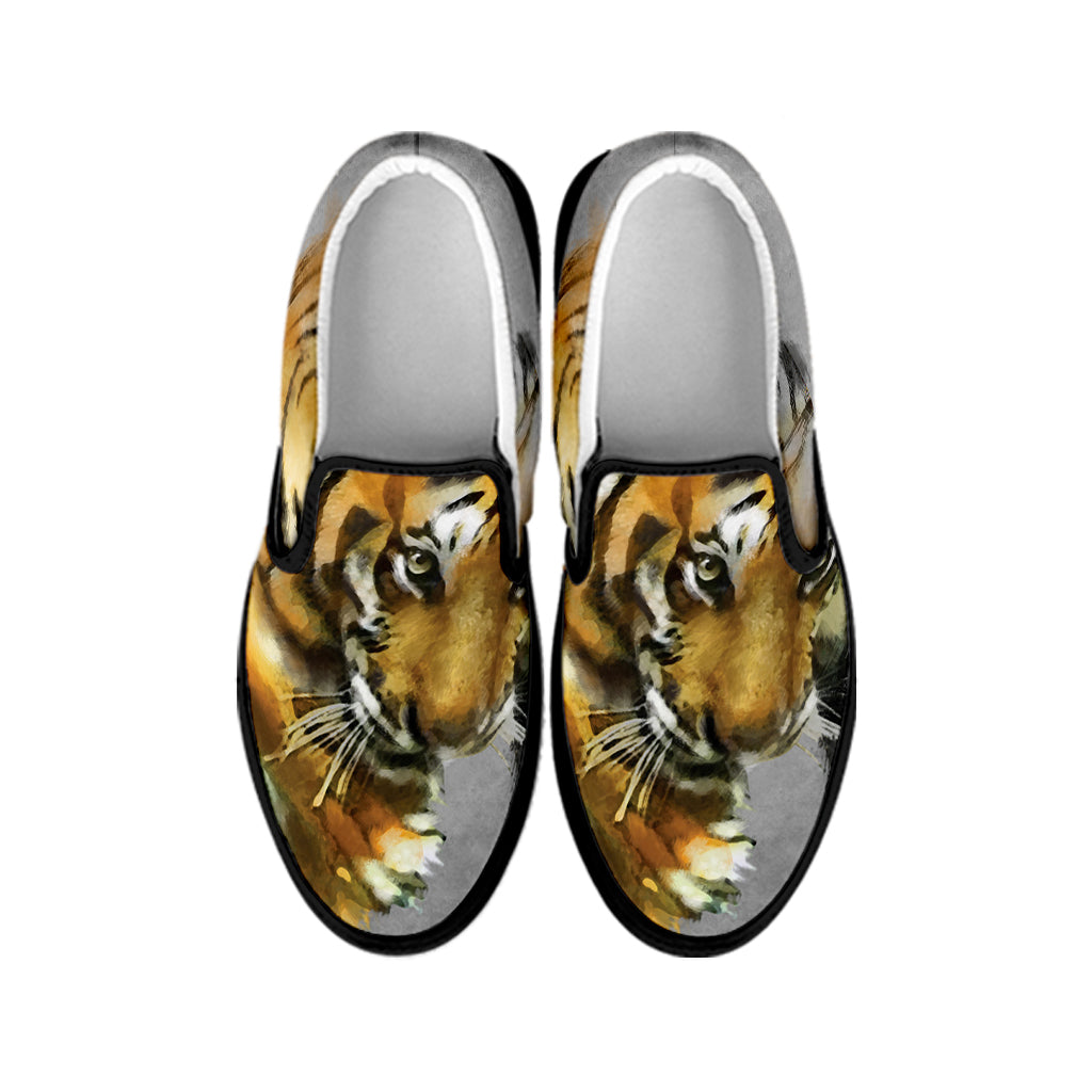 Tiger Painting Print Black Slip On Shoes