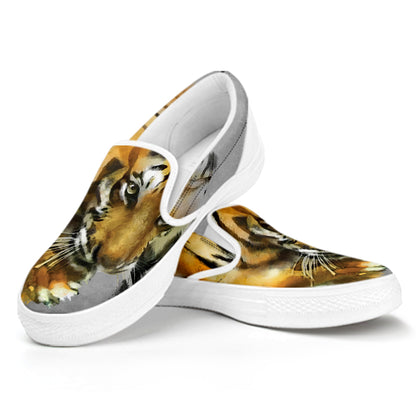 Tiger Painting Print White Slip On Shoes