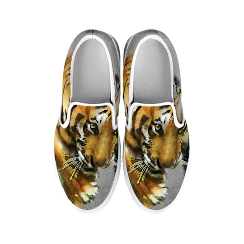 Tiger Painting Print White Slip On Shoes