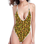 Tiki Luau Pattern Print One Piece High Cut Swimsuit