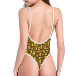 Tiki Luau Pattern Print One Piece High Cut Swimsuit