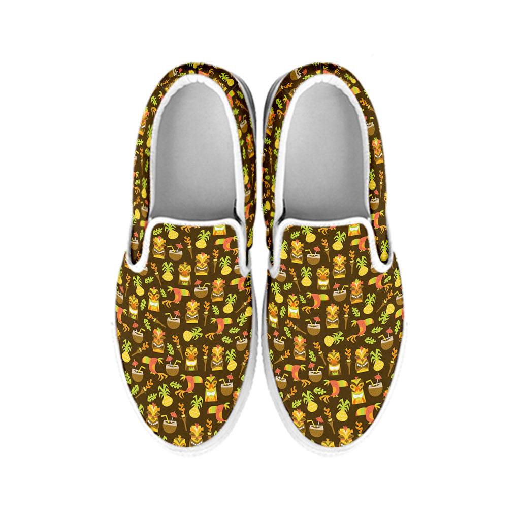 Tiki Luau Pattern Print White Slip On Shoes