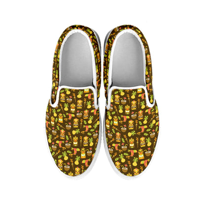Tiki Luau Pattern Print White Slip On Shoes