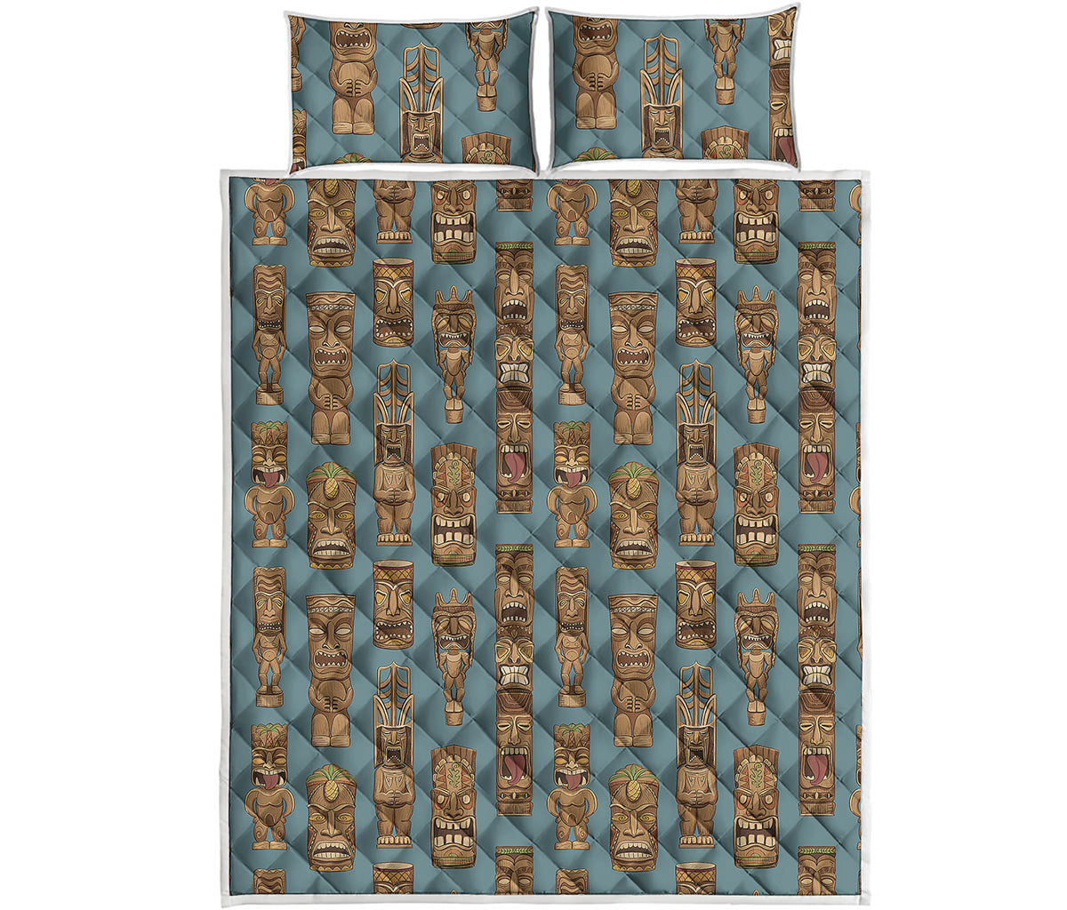 Tiki Totem Pattern Print Quilt Bed Set