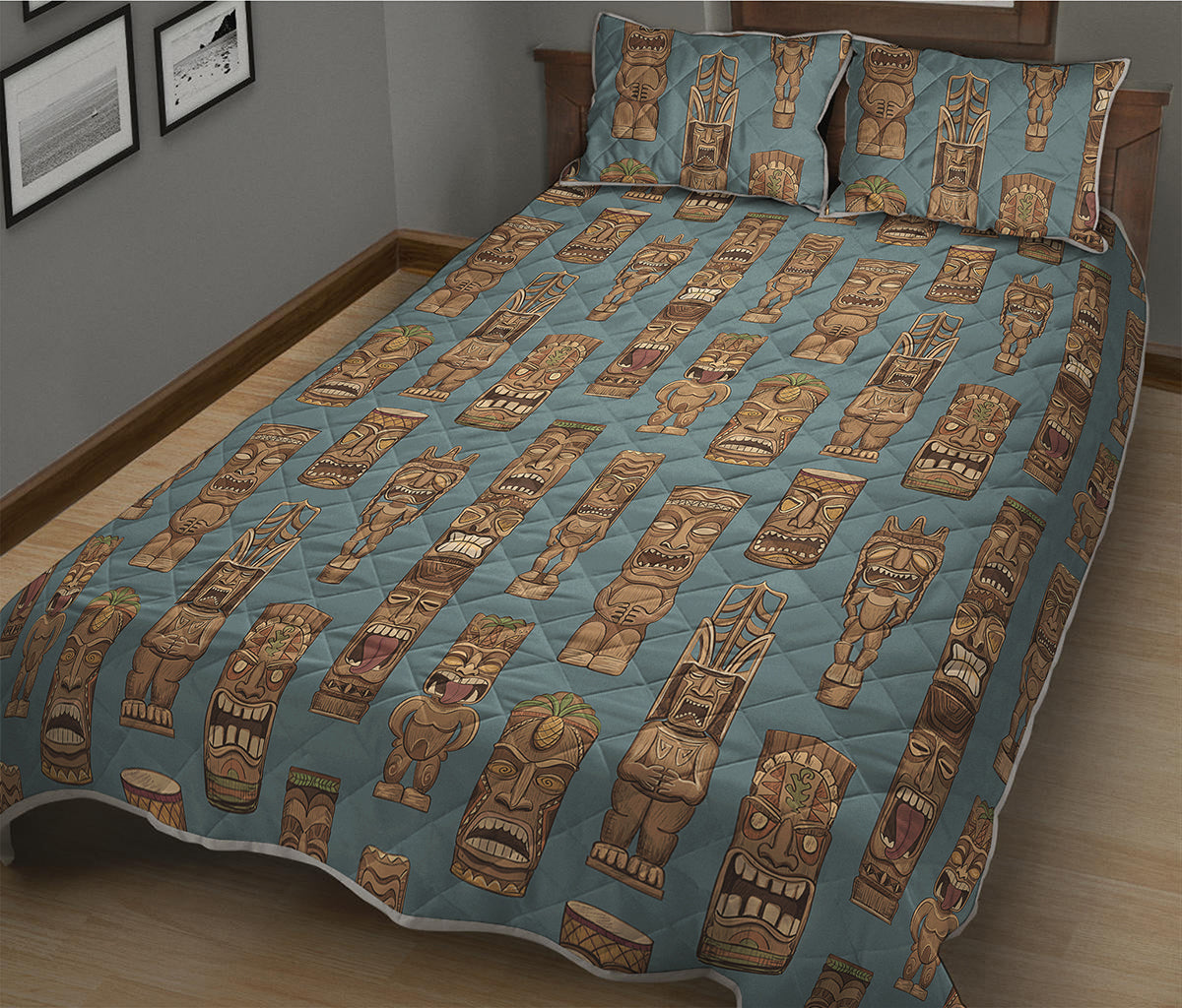 Tiki Totem Pattern Print Quilt Bed Set