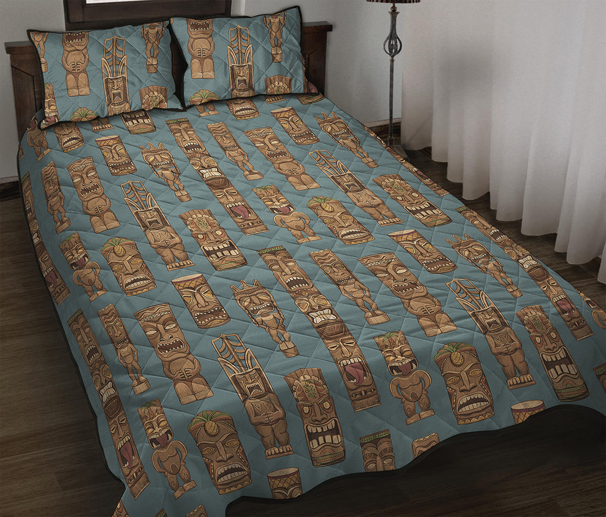 Tiki Totem Pattern Print Quilt Bed Set