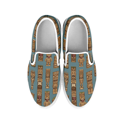 Tiki Totem Pattern Print White Slip On Shoes