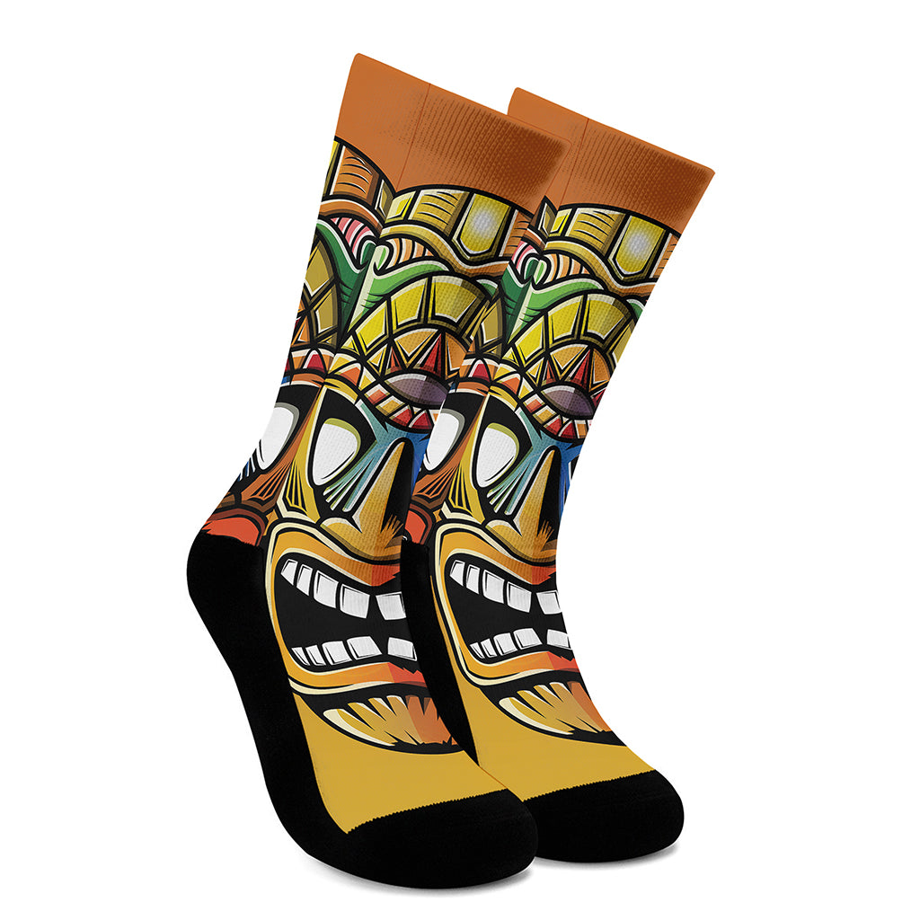 Tiki Totem Print Crew Socks