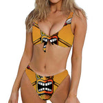 Tiki Totem Print Front Bow Tie Bikini