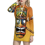Tiki Totem Print Pullover Hoodie Dress