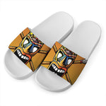 Tiki Totem Print White Slide Sandals