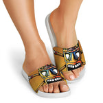 Tiki Totem Print White Slide Sandals