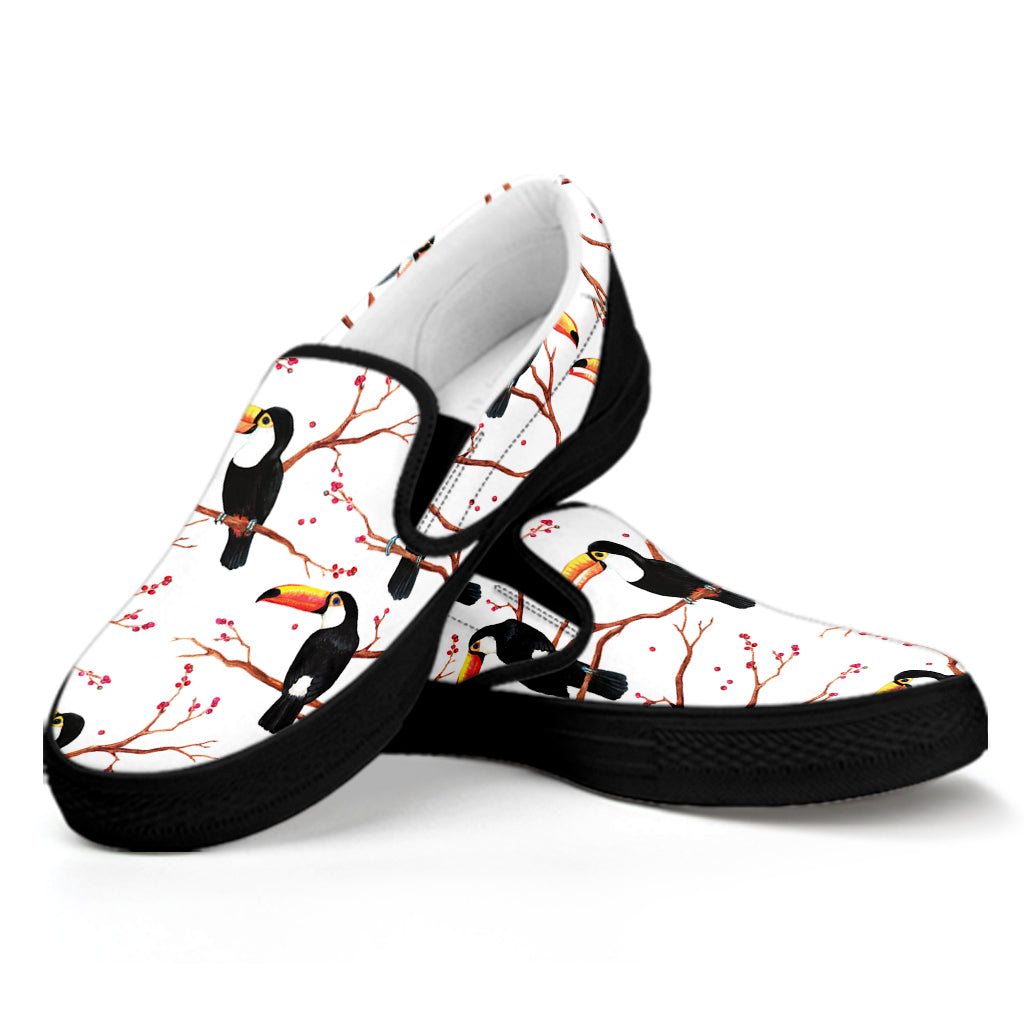 Toco Toucan Pattern Print Black Slip On Shoes