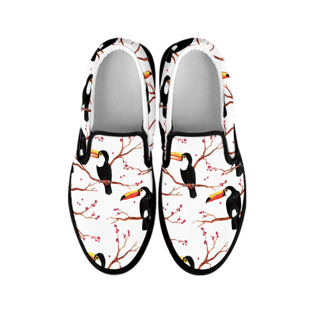 Toco Toucan Pattern Print Black Slip On Shoes