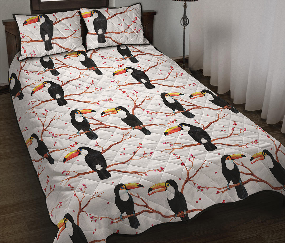 Toco Toucan Pattern Print Quilt Bed Set