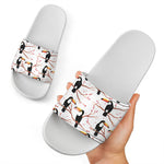 Toco Toucan Pattern Print White Slide Sandals