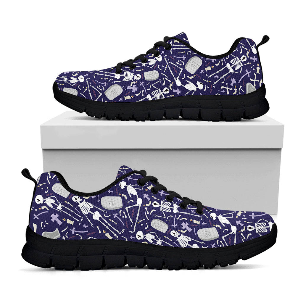 Tomb And Skeleton Pattern Print Black Sneakers