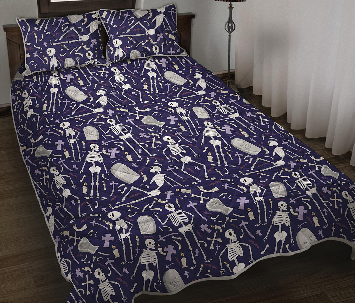 Tomb And Skeleton Pattern Print Quilt Bed Set