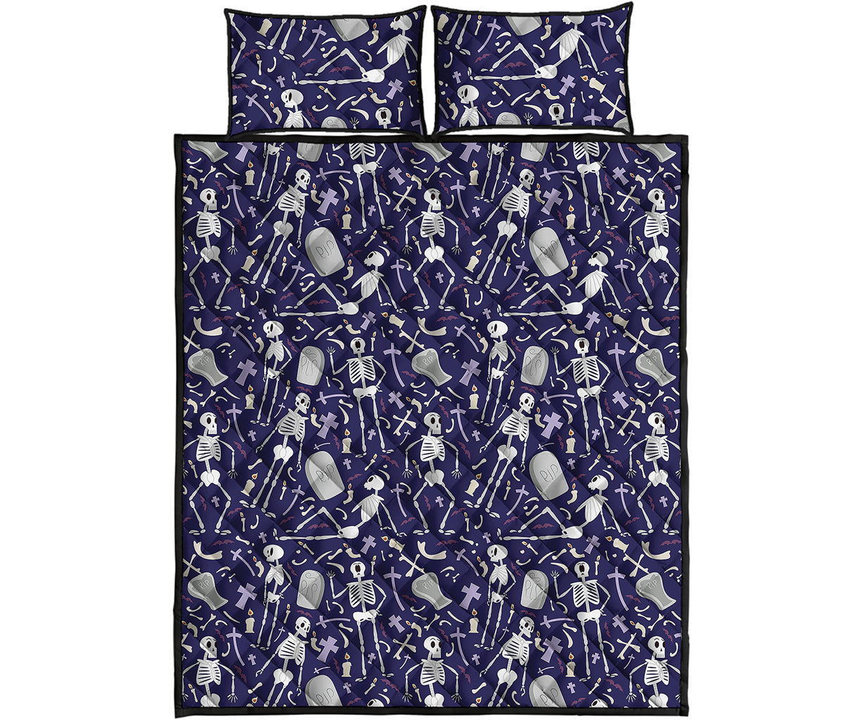 Tomb And Skeleton Pattern Print Quilt Bed Set