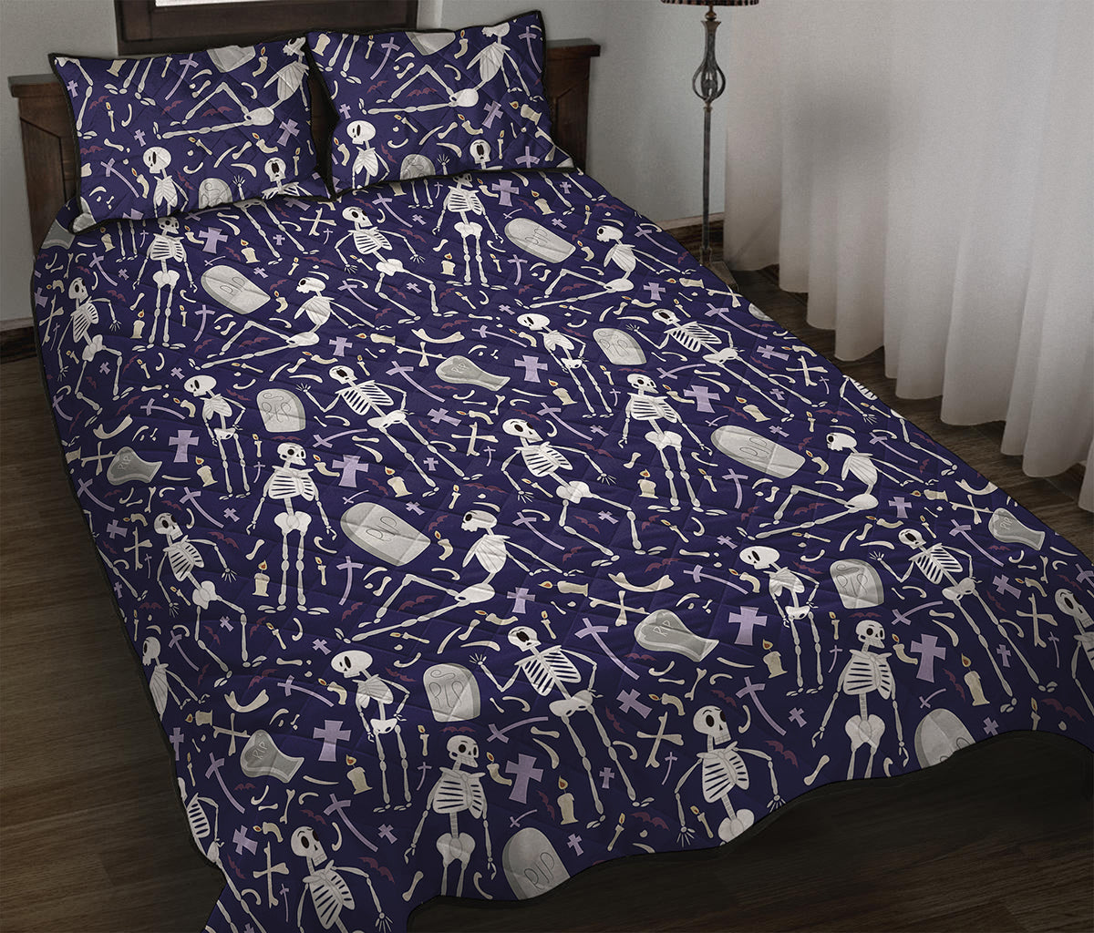 Tomb And Skeleton Pattern Print Quilt Bed Set