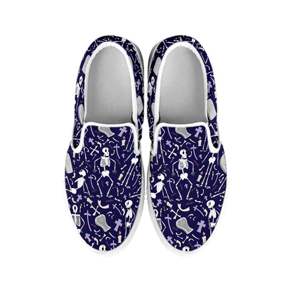 Tomb And Skeleton Pattern Print White Slip On Shoes