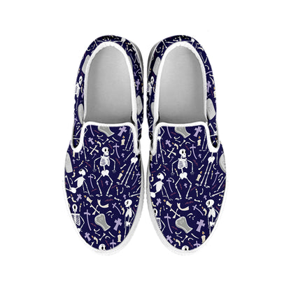 Tomb And Skeleton Pattern Print White Slip On Shoes