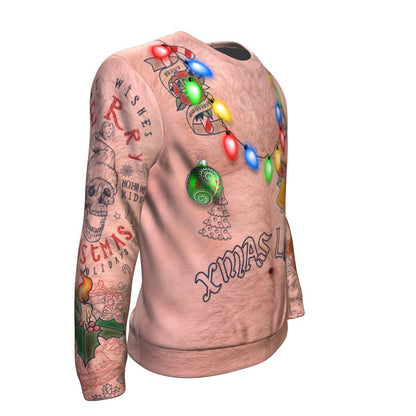 Topless Xmas Life Tattoo Ugly Christmas Unisex Crewneck Sweatshirt GearFrost