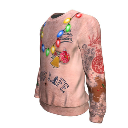 Topless Xmas Life Tattoo Ugly Christmas Unisex Crewneck Sweatshirt GearFrost