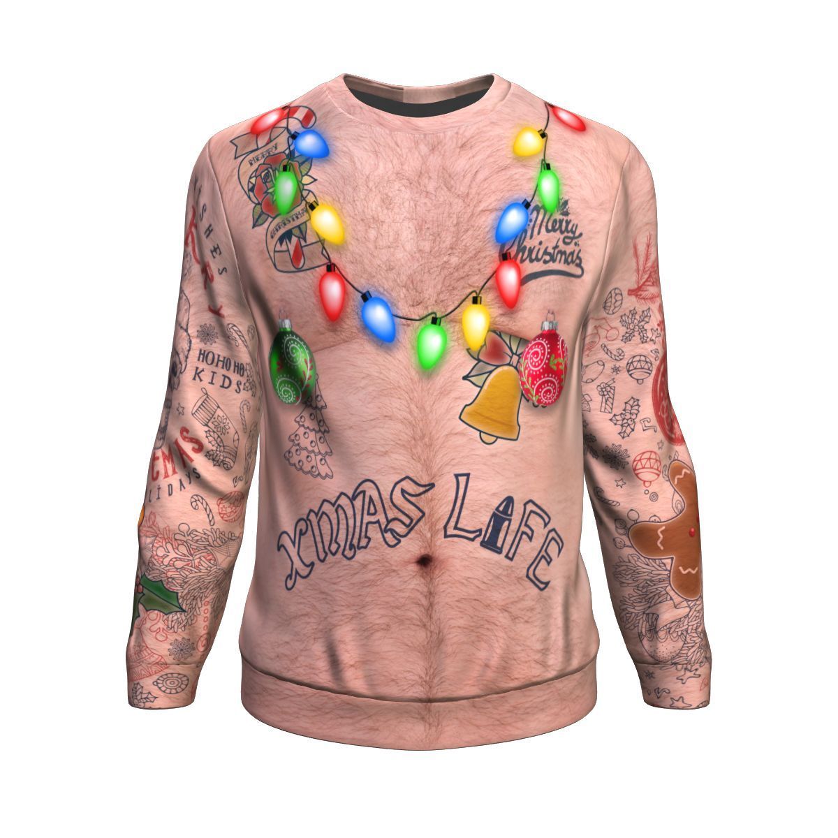 Topless Xmas Life Tattoo Ugly Christmas Unisex Crewneck Sweatshirt GearFrost
