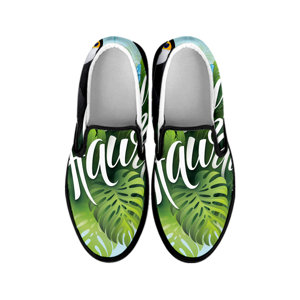 Toucan Aloha Hawaii Print Black Slip On Shoes