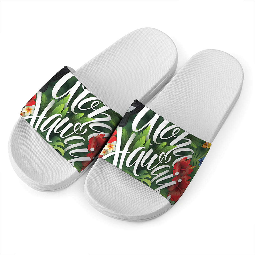 Toucan Aloha Hawaii Print White Slide Sandals