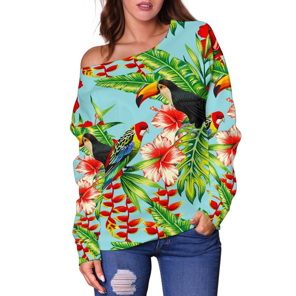 Toucan Parrot Tropical Pattern Print Off Shoulder Sweatshirt GearFrost