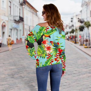 Toucan Parrot Tropical Pattern Print Off Shoulder Sweatshirt GearFrost