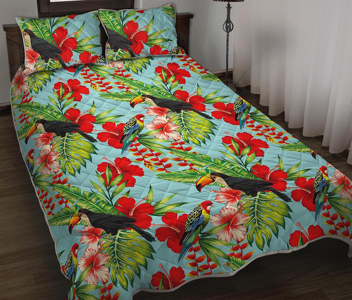 Toucan Parrot Tropical Pattern Print Quilt Bed Set