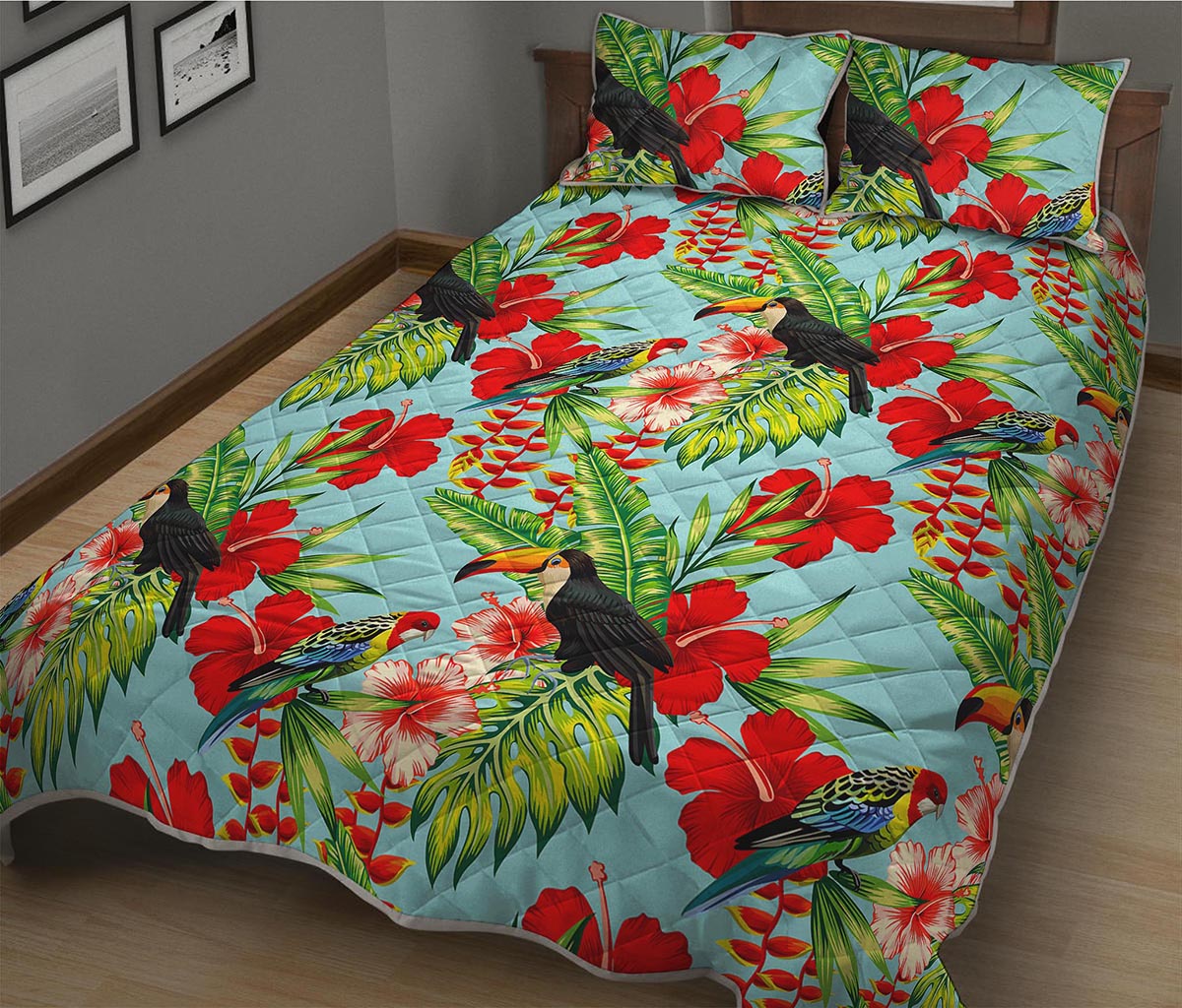 Toucan Parrot Tropical Pattern Print Quilt Bed Set