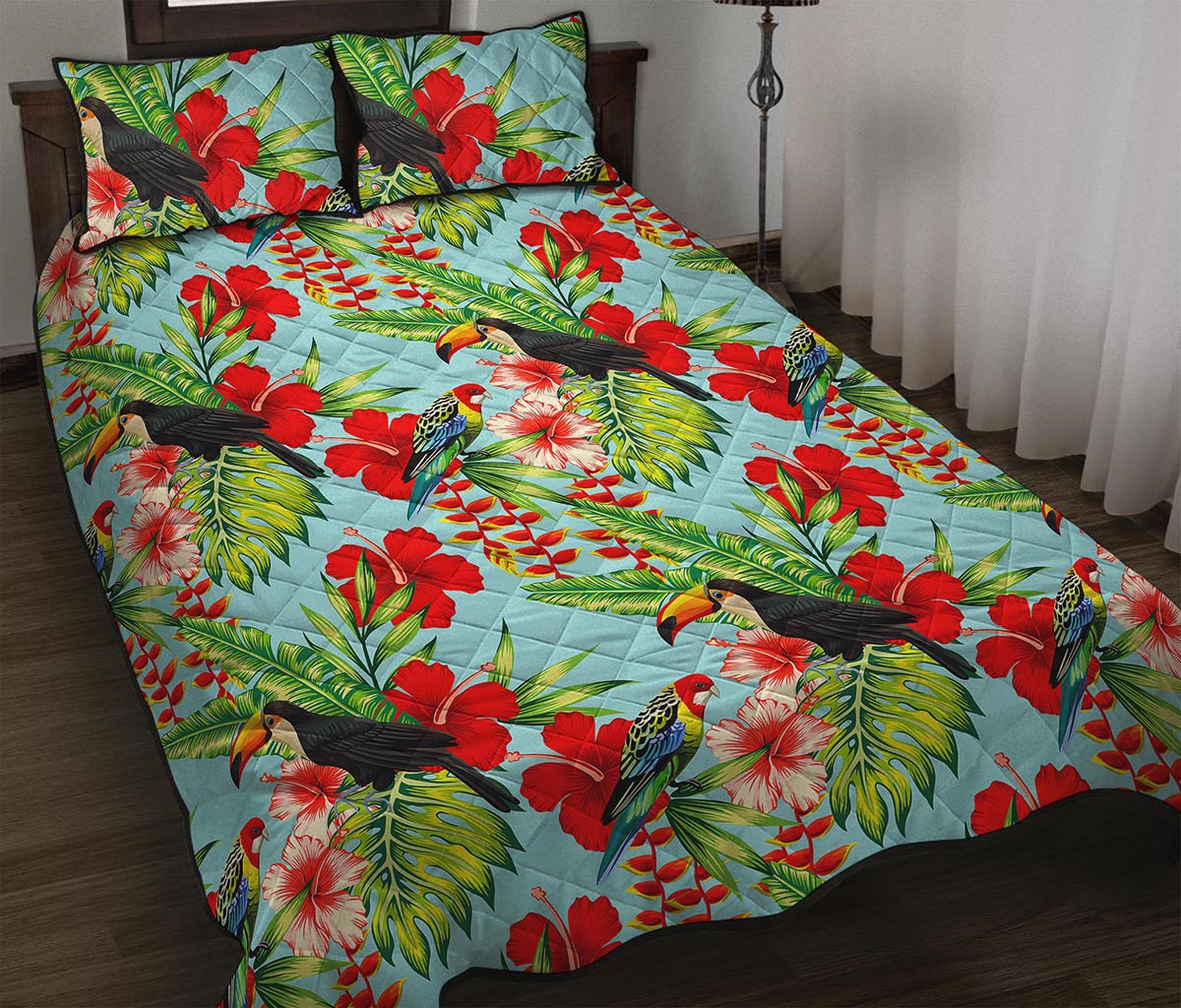 Toucan Parrot Tropical Pattern Print Quilt Bed Set